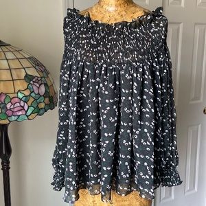 Editor Room Gathered Smocking Off Shoulder &LooseFitSleeve cuff Flower Print Top